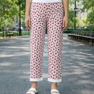 I Red & White Floral Embroidered Pants